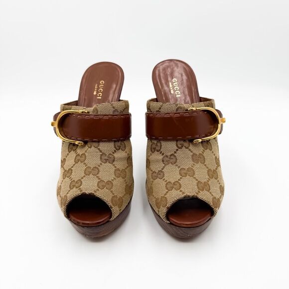 Gucci GG Canvas Horsebit Clogs Supreme Tan Wooden Mules EU 38 US 8 - Picture 3 of 5